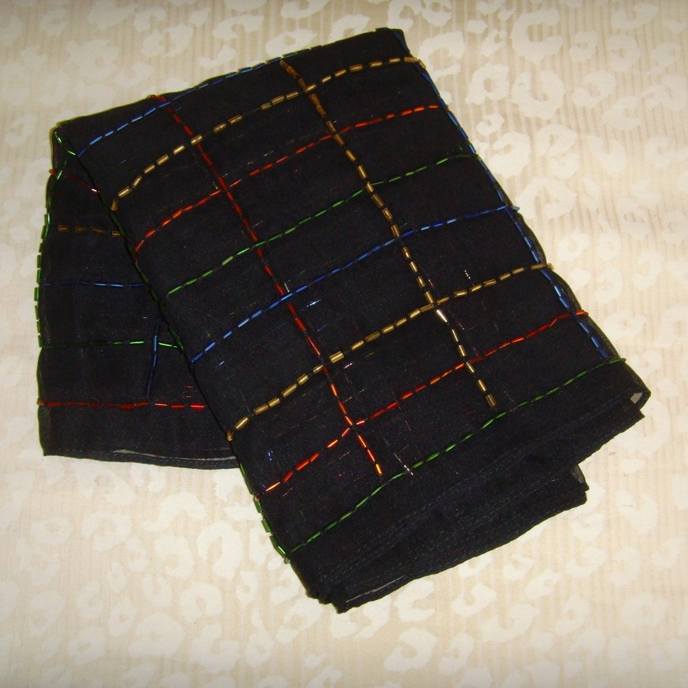 Vintage Elegant Sheer Black Scarf with Tubular Baguettes  58" by 13.5" - Picture 14 of 14